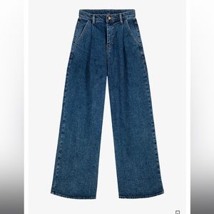 W and J / the Frankie Shop - Pleated High-Rise Wide Leg Jeans in Dark Blue Denim
